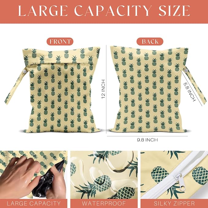 4 Pack Cute Fruit Wet Bag Waterproof Washable Reusable Wet Dry Bag for Swimsuit Dirty Clothes Cloth Diaper Travel Beach Pool Yoga Gym Toiletries Travel Beach Essentials Lemon Pineapple Peach