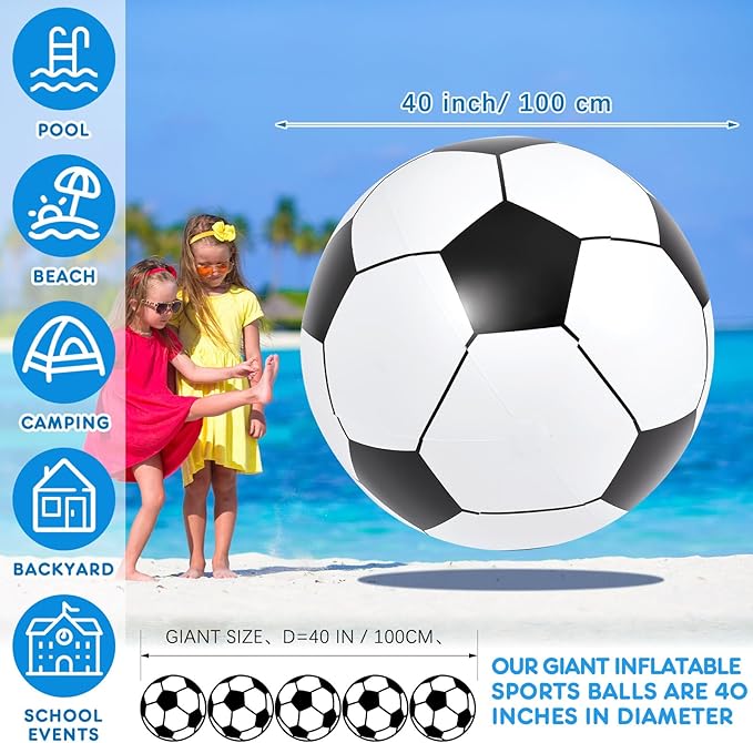 Lewtemi Giant Inflatable Sports Balls Large Inflatable Beach Ball Baseballs Soccer Rainbow Basketball Football for Sport Birthday Party Favor(4 Pcs,Soccer, Baseball, Basketball, Football,40 Inch)