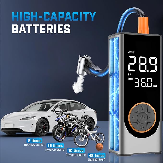 Tire Inflator Portable Air Compressor, 150PSI Cordless Air Pump for Car Tires, 4X Faster 12V DC Tire Pump with Tire Pressure Gauge, LED Light for Cars, Motorcycles, Bikes, Balls (Silver)