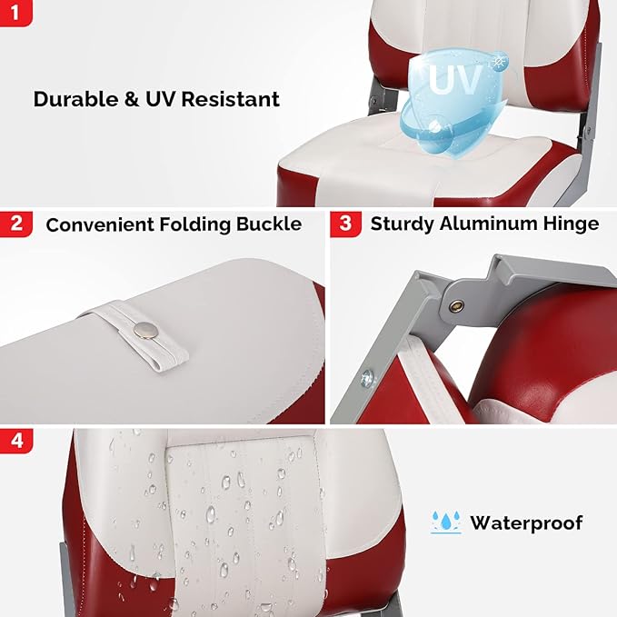 PEXMOR Boat Seats Low/High Back, Folding Boat Seat Included, Fold-Down Fishing Boat Seats Waterproof Captain Boat Seat w/Aluminum Hinges & Thick Soft Cushion, 2 Packs (Low Back-Red & White)