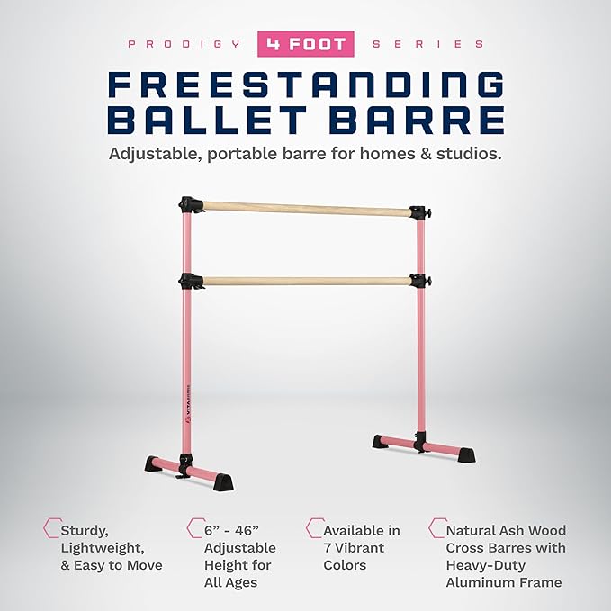 VITA Barre Portable Freestanding Double Ballet Barre, Prodigy, Wood | Adjustable Height, USA Made, Home or Gym Exercise Equipment for Kids & Adults | Dance, Fitness, Pilates