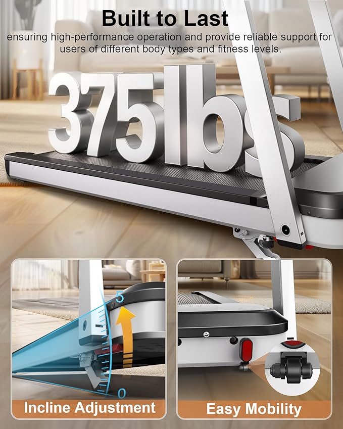 WELLFIT Incline Treadmill for Home, Heavy Duty Treadmills with 3.5HP 8.6MPH 375 lb Capacity, 18 inch Wide Running Area Commercial Treadmill with LED Screen and Bluetooth Player
