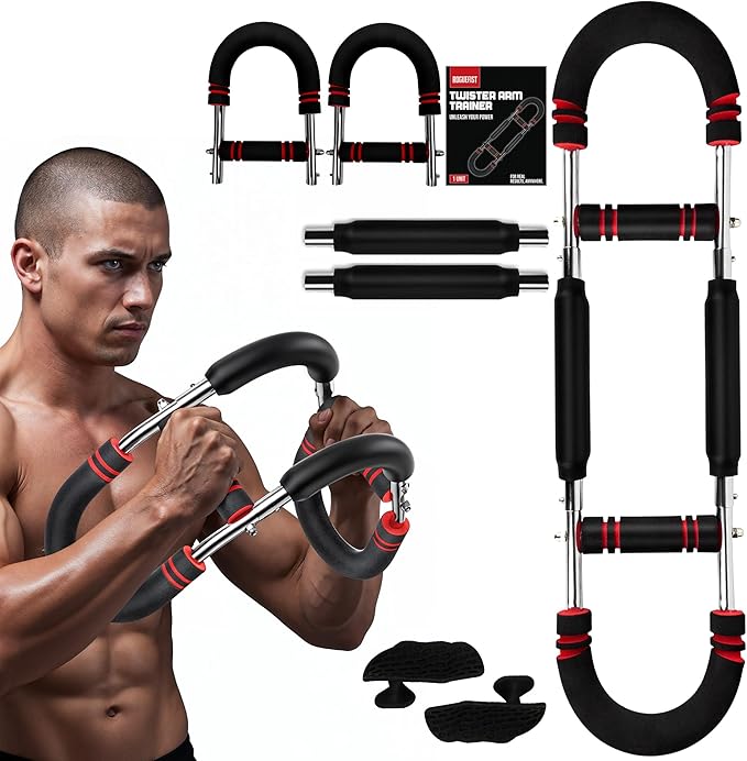 Arm Twister Trainer, Adjustable 3 Resistance Levels (60–100 lbs) with 1 Pair of Silicone Gym Grips Pads, Home Gym Fitness Equipment Chest, Arms, Shoulders & Forearms Portable Exerciser