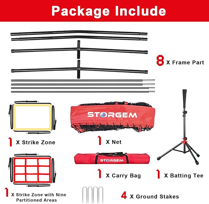Storgem Baseball and Softball Practice Net 7×7ft Portable Hitting Pitching Batting Training Net Baseball Backstop Net with Batting Tee and Strike Zone and Bow Frame