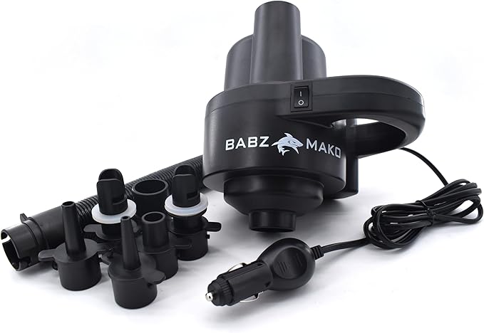 BABZ Mako 12V Electric Air Pump with 6 Nozzles for Inflatables, Balls, Pools, Air Mattresses, and More, Extra Long Flexible Hose, 6 Attachments
