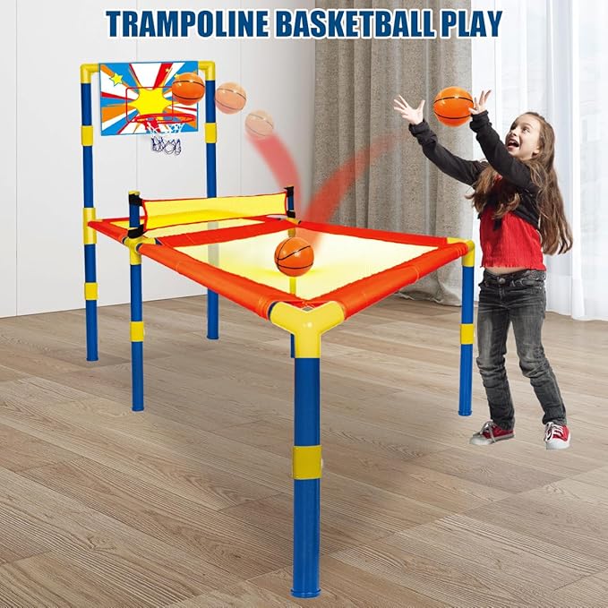 3 in 1 Trampoline Ping Pong Table Tennis Basketball Ball Score Games for Kids, Includes 2 Paddles, 2 Balls and Inflatable Basketball, for Indoor or Outdoor Use
