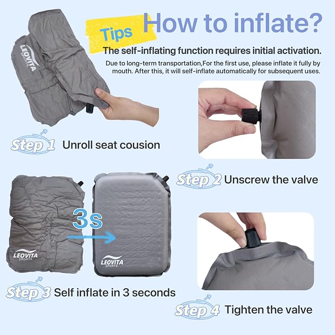 Inflatable Seat Cushion Lightweight Self-Inflating Memory Foam Cushion for Stadium Camping Bleachers Airplane Travel Waterproof Portable Blow Up,Gray