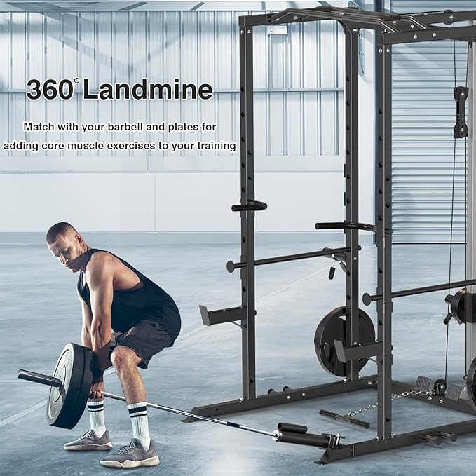 Power Cage, Multi-Functional Power Rack with J-Hooks, Dip Handles, Landmine Attachment and Optional Cable Pulley System for Home Gym