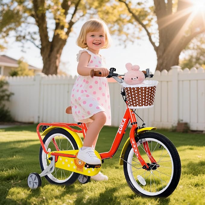 Kids Bike 16 inch Boys Girls Ages 4-7 Years Old Cruiser Bicycle with Woven Basket Single Speed for Youth Caliper Brake Band Brake Rear Rack Included Multiple Colors