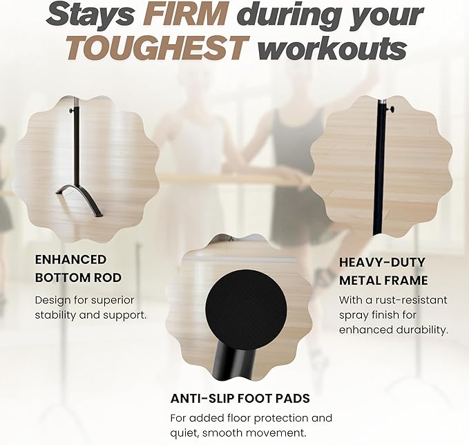 Ballet Barre Portable for Home or Studio, Height Adjustable Bar for Stretch, Pilates, Dance or Active Workouts, Single or Double Bar, Kids and Adults