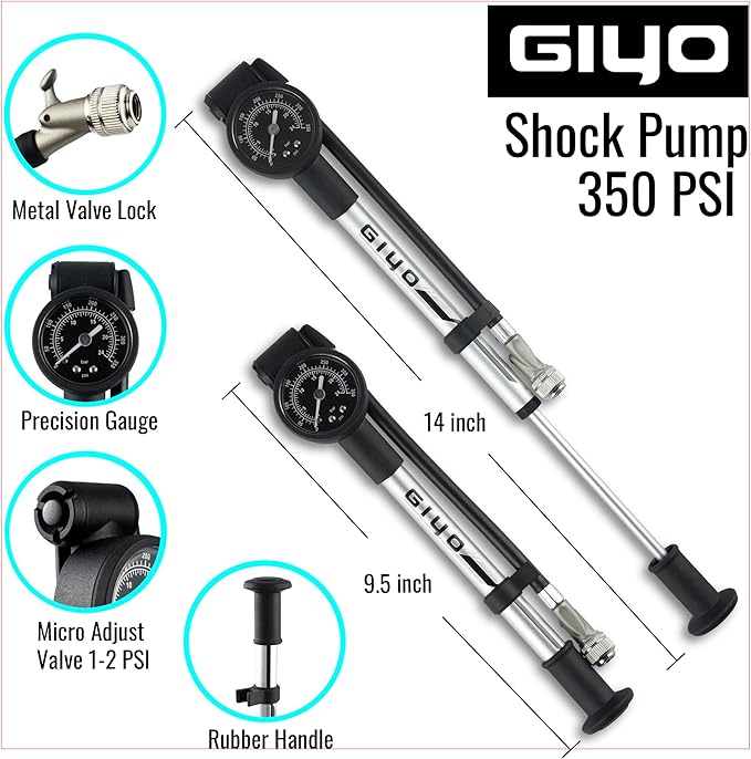 GIYO High Pressure Shock Pump (350 PSI) – Strong Lever Lock for No Air Loss, Aluminum Barrel, 1.5" Dial Gauge, Micro-Adjust Bleeder, 360° Rotating Hose, Taiwan-Made