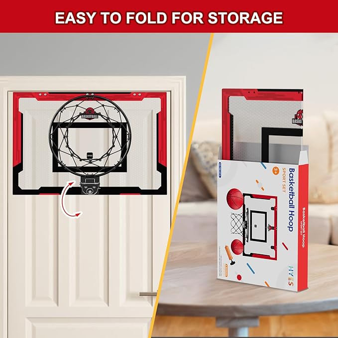 24" x 16" Large Basketball Hoop Indoor for Adults, Over The Door Basketball Hoop with Sturdy Backboard, Big Basketball Toys Gifts Ideas for Man Kids Teens Boys Girls, Red