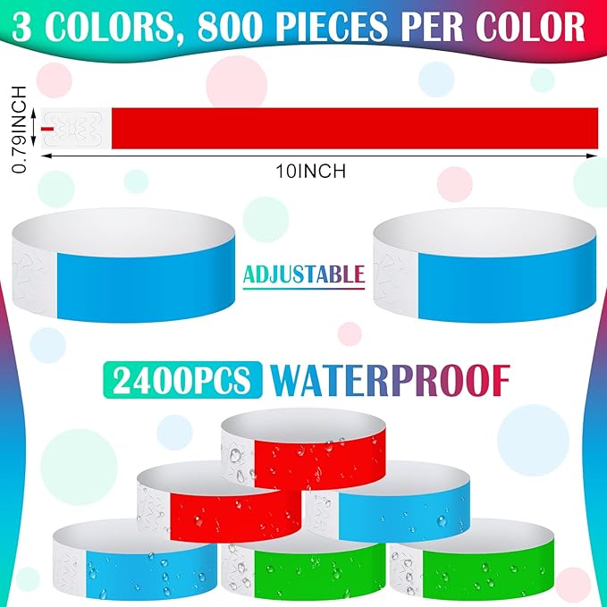 Tudomro 2400 Pack Neon Paper Wristbands Bulk - Waterproof, Lightweight, Adhesive - Concert, Events, Party for Hand Wrist Arm Identification(Red, Green, Blue)