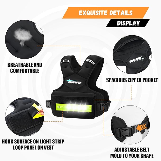 Adjustable Weighted Vest for Women Men, 6-15 Lbs Rucking Vest with LED Light Strips, Weight Vest with 6 Ironsand Weights, and Zipper Pocket for Strength Training, Walking, Running