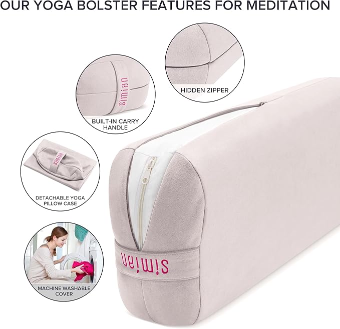 Simian Premium Meditation Bolster - Rectangular Support Cushion with Velvet Cover, Washable, for Restorative & Yin Yoga