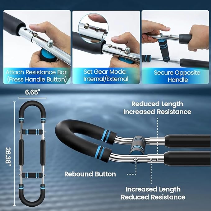 Twister Arm Trainer, Adjustable Resistance (60–110 lbs) 5Level Chest, Forearm & Biceps Strength Training Bar Portable & Detachable Home Gym Equipment with Anti-Slip Handles & Carry Bag for Men & Women