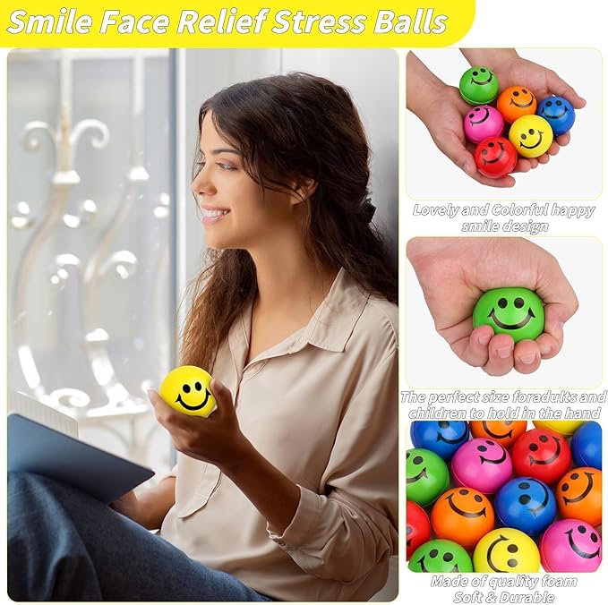 60 Pack Smile Face Stress Balls Bulk 2.5 Inch Funny Face Stress Relief Balls Colorful Mini Squeeze Balls Foam Smile Face Toys for Finger Exercise, School Prizes, Party Bag Fillers