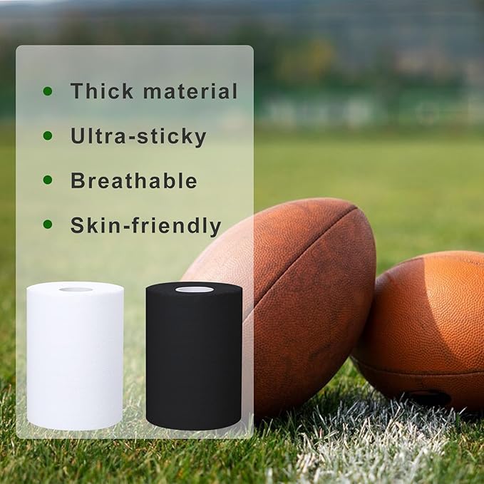 2 Rolls Football Turf Tape, 4 in X 10.9 Yd Extra Wide White Black Turf Tape Football, Flexible, Breathable, Easy to Cut Kinesiology Tape, Athletic Arm Tape Protect Elbows from Turf Burn(Black,White)