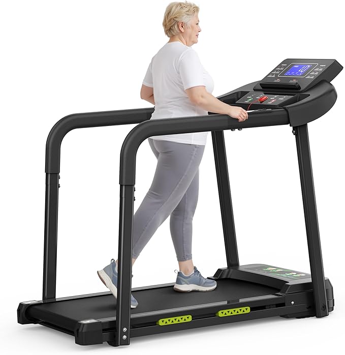 Treadmills for Seniors, Treadmills for Home with Handrails, Dual Shock Absorption, 300 LBS Capacity, Heart Rate Monitor, Bluetooth App Control, Ideal Treadmill for Elderly & Family Use