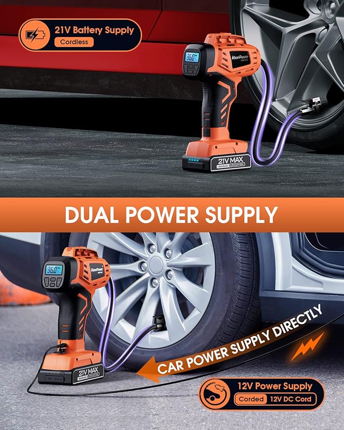 Tire Inflator Air Compressor, 21V Cordless Car Tire Pump with Rechargeable Li-ion Battery, 12V Car Power Adapter, Digital Pressure Gauge, Suitable for Cars E-bikes Balls Motorcycles