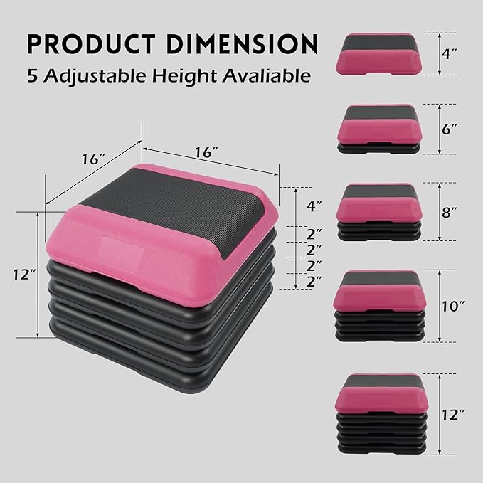 Fitvids Step Aerobic Platform, Exercise Step with 5 levels Adjustable Height, 4 Stackable Risers, Fitness Training Workout Stepper for Home Gym, Cardio Strength, Multiple Options