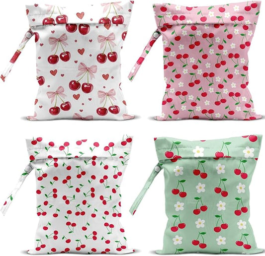4 Pack Cute Flower Bow Cherry Wet Bag Waterproof Washable Reusable Wet Dry Bag for Swimsuit Clothes Soiled Items Cloth Diaper Travel Beach Pool Yoga Gym Toiletries Travel Beach Essentials