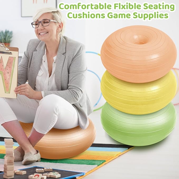 Lewtemi 6 Pcs Flexible Seating for Classroom Elementary 20 Inch Yoga Ball Chairs Large Inflatable Donut Exercise Ball Chair Stability Balance Trainer with Inflator for Kids Student(Macaron Color)