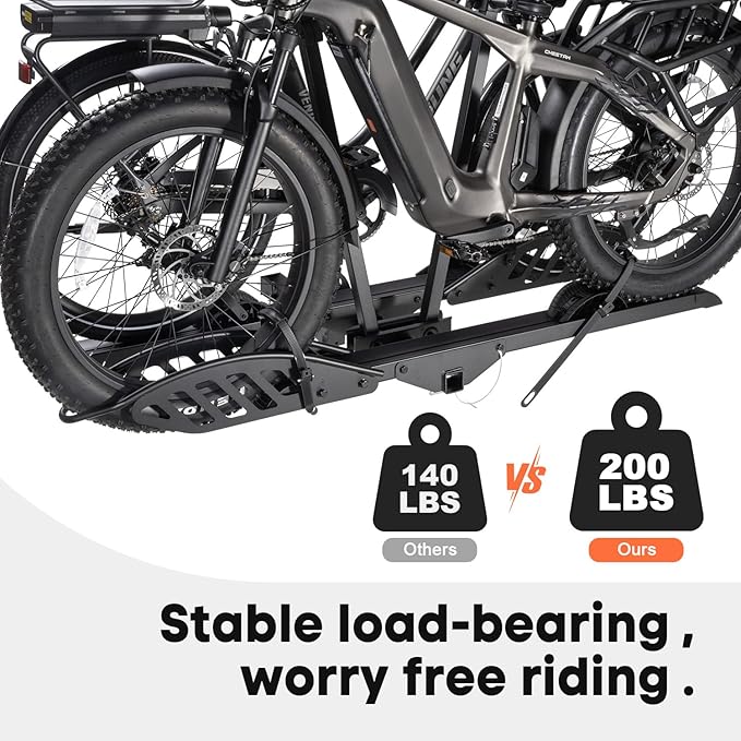 EBike Rack with Ramp, 200 lbs Capacity Heavy Bike Rack Electric Bike Carrier for 2 E-Bike, Foldable Bike Racks for Tow Hitch Up to 5-inch Fat Tire 2'' Receiver