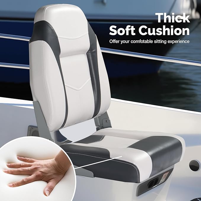 PEXMOR Boat Seats Low/High Back, Folding Boat Seat Included, Fold-Down Fishing Boat Seats Waterproof Captain Boat Seat w/Aluminum Hinges & Thick Soft Cushion, 2 Packs (High Back-Grey & White)