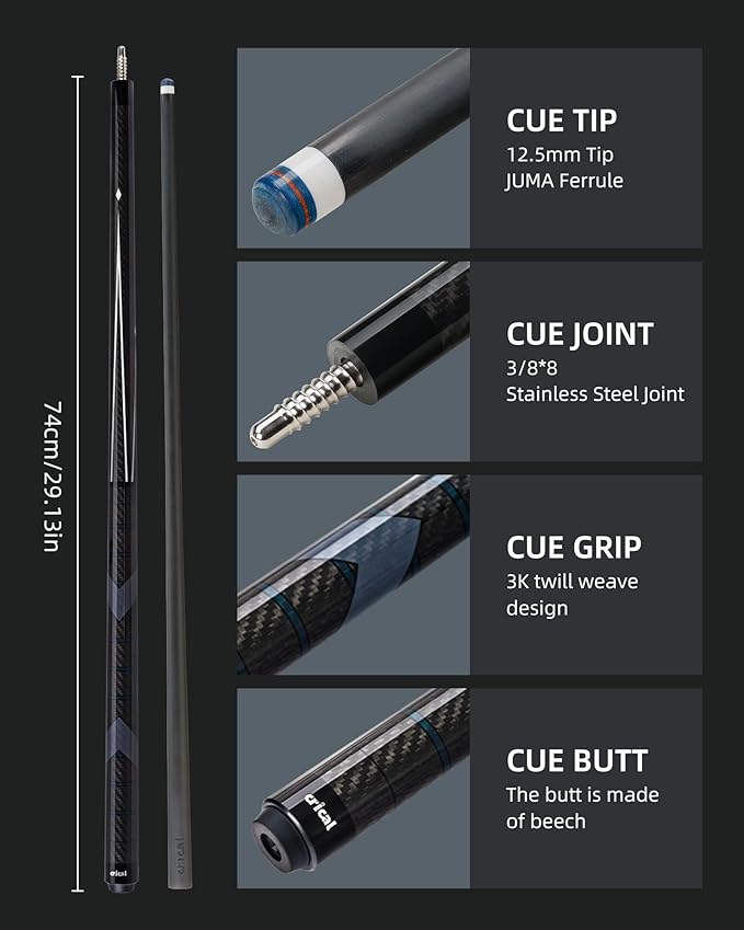 CRICAL Carbon Fiber Pool Cue Stick 58" Billiard Cue Sticks Professional Low Deflection Pool Sticks with 3/8 * 8 Pin Joint and 12.5mm Tip