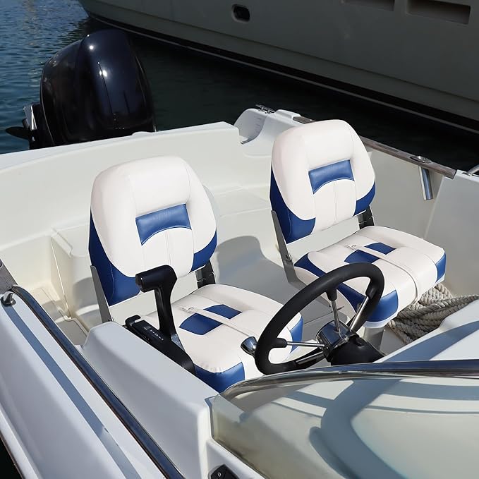 Boat Seats 2 Pack, Low Back Folding Bass Boat Seat for Fishing Jon Pontoon, White/Blue