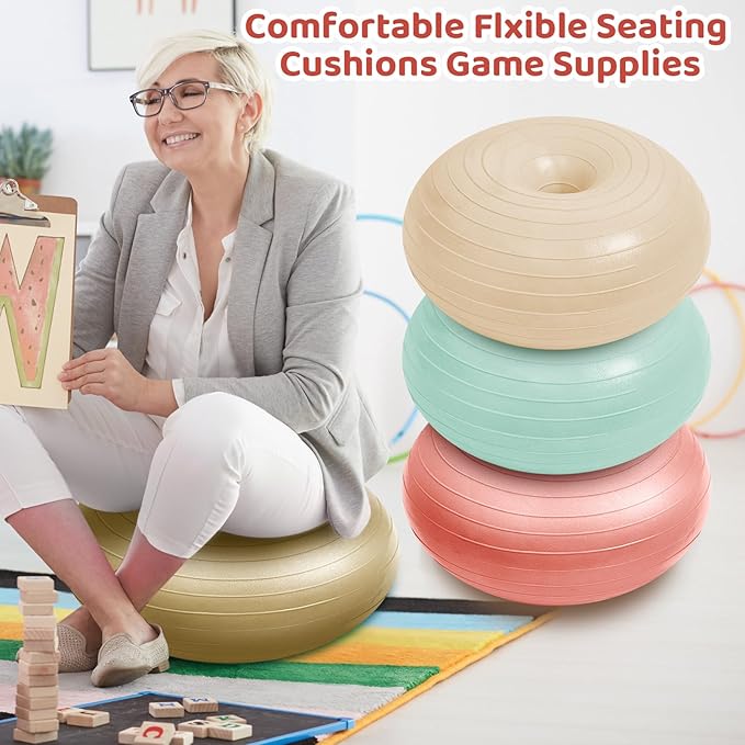 Lewtemi 8 Pcs Flexible Seating for Classroom Elementary 20'' Yoga Ball Chair Large Inflatable Donut Exercise Ball Chair Wobble Seat with Inflator for Kids Student Balance