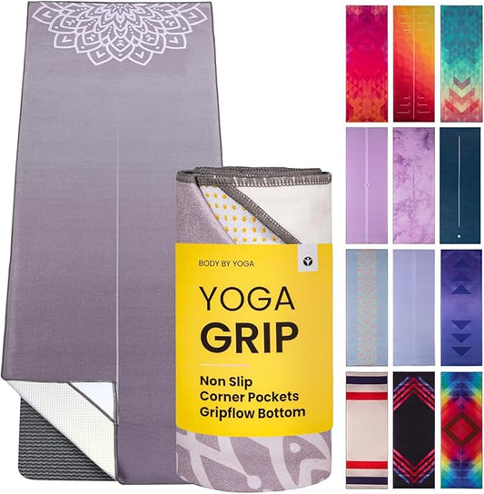 Yoga Drip Yoga Towel - Non Slip Hot Yoga Mat Towel With Corner Pockets, No-Skid Grip, and Built-in Alignment Lines | Soft, Moisture Wicking, and Sweat Absorbent | No Bunching, Stays in Place 72" x 25"