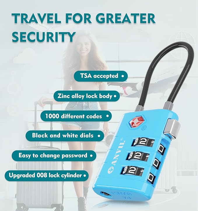 ANVIL TSA Approved Luggage Locks – High Security TSA008 Combination Travel Locks with Inspection Indicator for Suitcases and Backpacks. (4, Bule)