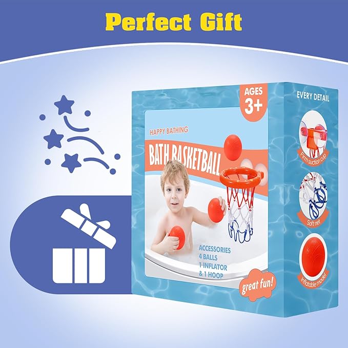 Bath Toys - Bathtub Basketball Hoop for Kids Toddlers,Bath Toys Shower Toys for Kids Ages 4-8,Suction Cup Basketball Hoop & 4 Soft Balls Set for Boys Girls