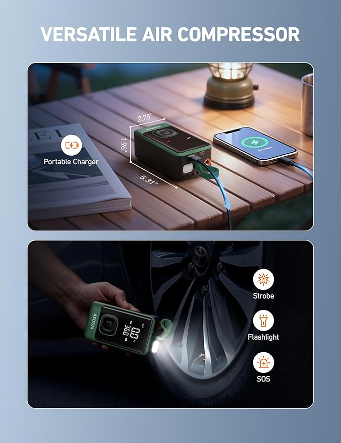 AstroAI L7 Air Tire Inflator Portable Air Compressor, 150PSI Electric Cordless Pump with Fast 1-min Inflation, Auto Shutoff, LED Light – Rechargeable for Car, SUV, Motorcycle, Bike Tires (Green)