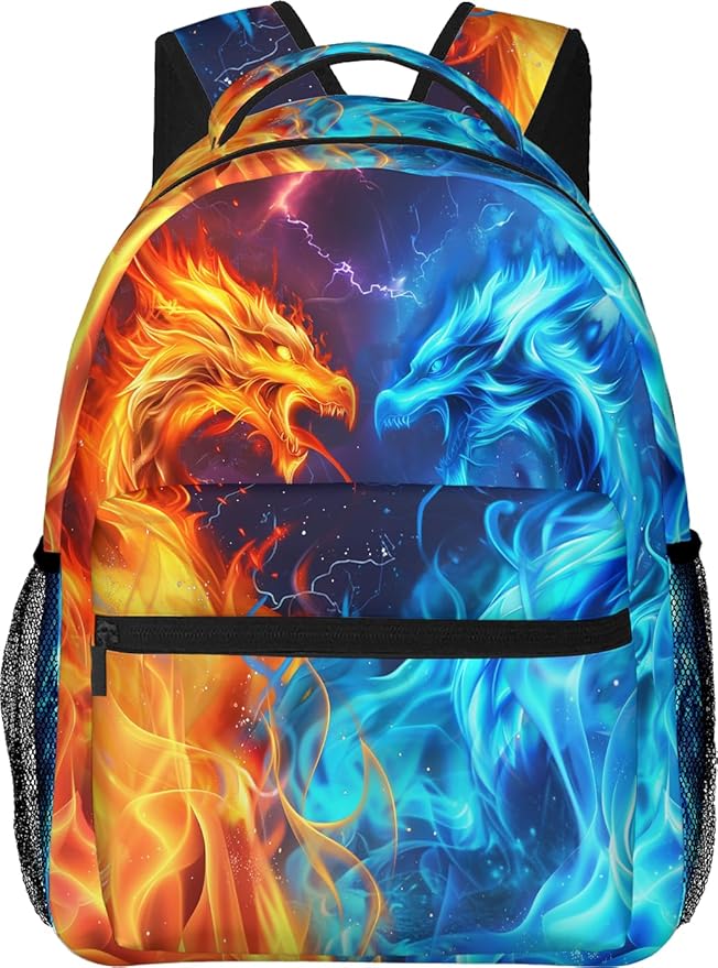 Dragon Backpack for Boys Girls Red Blue Fire Bookbags Lightweight Adjustable Elementary Middle High School Bags for Kids Children Teenagers Travel Daypack Cool Lightning Galaxy Backpacks Gifts