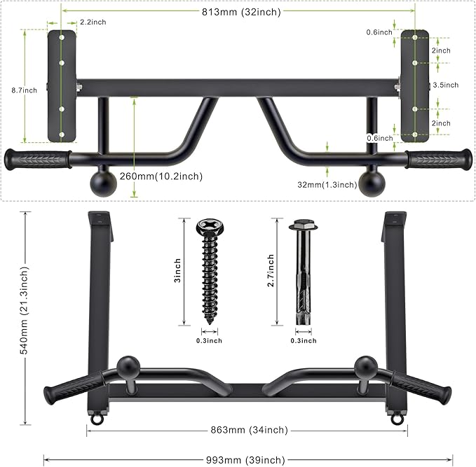 Kipika 32" Ceiling Mounted Pull Up Bar - Heavy Duty, Highly Adjustable, Multifunctional Chin Up Bar - Home Gym System with Punching Bag Hanger and Resistance Bands Training