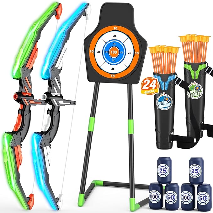 2 Pack Bow and Arrow for Kids, LED Light Up Archery Set with 24 Suction Cup Arrows, 1 Standing Target, 6 Score Targets & 2 Quiver, Indoor Outdoor Sport Gifts for Boys Girls Ages 4-8
