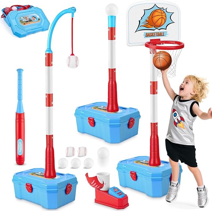 4 in 1 Toddler Basketball Hoop for Kids 1-3,Adjustable Height Kids Basketball Hoop,Stand with Hanging Tee Baseball & Automatic Pitcher,Toddler Indoor/Outdoor Toys for Boys Girls ,Gift for Birthday