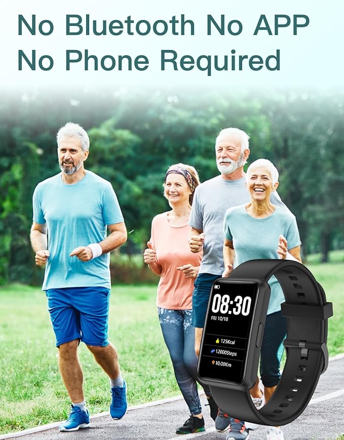 HUAKUA Fitness Tracker No Bluetooth No APP No Phone Needed, Fitness Watch for Men Women Parents IP68 Waterproof with Full Touch Screen Steps Calories Counter Sleep Tracker Alarm Clocks (Black)