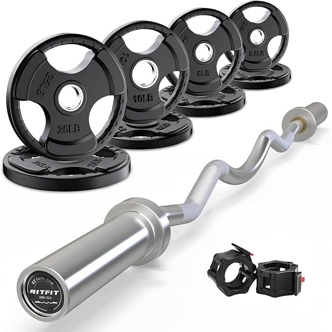 RitFit 2 Inch EZ Curl Bar with Weights, 700LBS Weight Capacity Olympic Curl Barbell for Bicep, Tricep and Weight Lifting Exercises