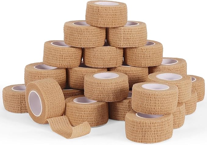 24 Rolls Elastic Self Adhesive Bandage Wrap 1 Inch, Breathable Non Woven Cohesive Bandage, Vet Wrap for Dogs, Ankle Sprains Swelling Medical First Aid Tape, Sports Athletic Tape Brown