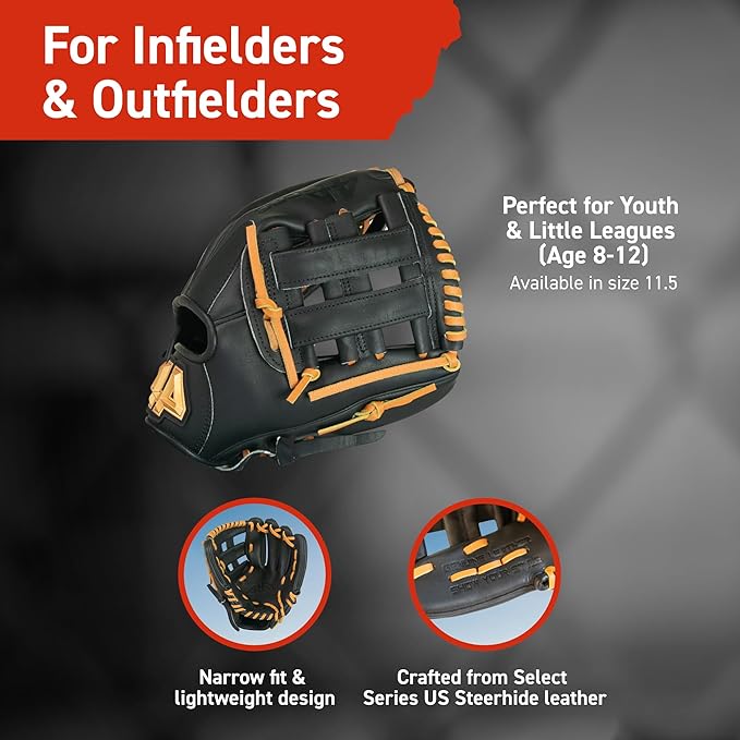 BB Stock Rise Baseball Glove for Youth & Little Leagues, Age 8-12, Infield & Outfield, 11.5", H-Web, Easy Break-in, Narrow Fit & Lightweight Design