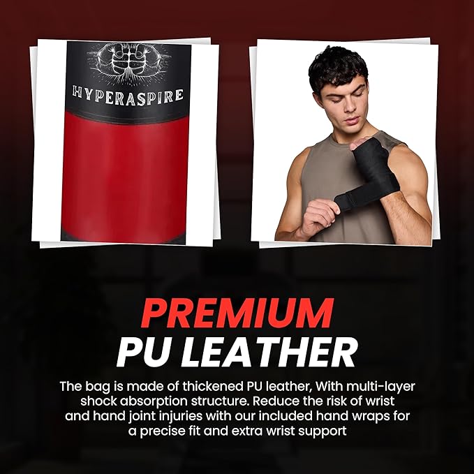 Punching Bag for Adults, 120cm PU Leather Boxing Bag with Foam Lining, Bag with Chain Ceiling Hook, Hand Wraps, and & Hand Wraps etc, Set for MMA Kickboxing Boxing Karate Home Gym Training (Unfilled)