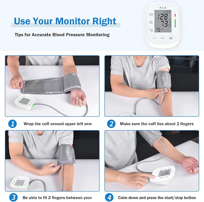 AILE Blood Pressure Monitor, Blood Pressure Machine Upper Arm Large Cuff(8.7"-16.5"), High Automatic Blood Pressure Monitors Cuff for Home Use, (BP) Manual Arm Blood Pressure Monitors, 2 * 99 Memory