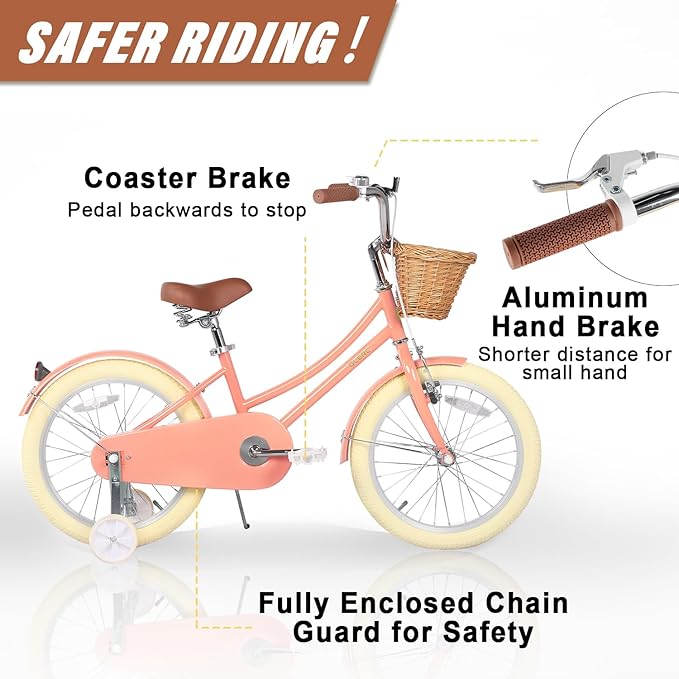 Glerc Little Molly 12-20 Inch Kids Retro Cruiser Bike for 2-13 Year Old with Wicker Basket & Training Wheels/Kickstand, Multiple Colors