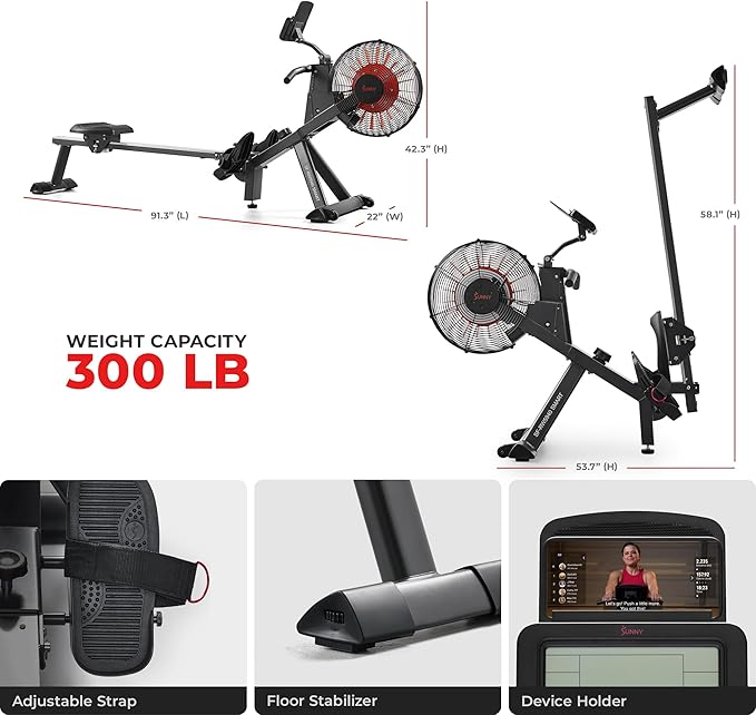 Sunny Health & Fitness Premium Smart Air & Magnetic Resistance Rowing Machine, Foldable Long Silding Rail Exercise Rower for Home Training, Free SunnyFit App Connection