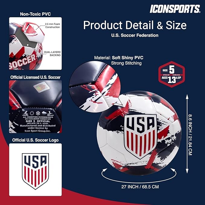 Icon Sports Officially Licensed U.S. Soccer, Size 5 Regulation Soccer Ball, Non-Toxic Patterned PVC, White Brush for Adults & Kids