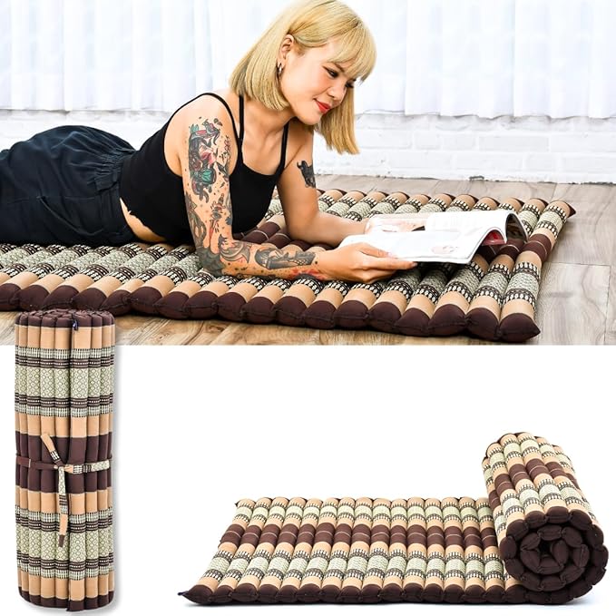 Leewadee - Kapok Roll Mat – Handcrafted Folding Sleep & Relaxation Mattress from Thailand, Ideal as Guest Bed, Camping Mat, Yoga Mat or Traditional Futon, 75 x 39 inches, Brown